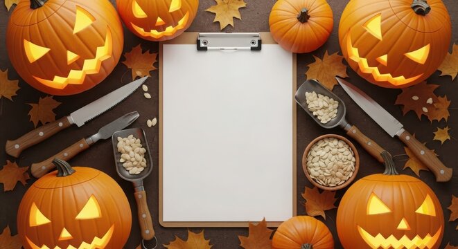 Halloween pumpkins carved with faces and a blank clipboard for text