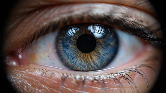 Mesmerizing close-up shot of an expressive blue eye with detailed textures and glistening reflection