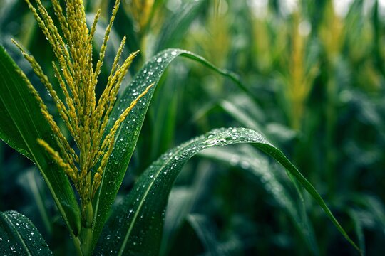 Closeup of corn tassel with water droplets in a field after rain