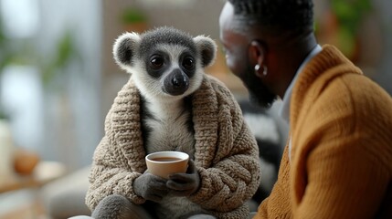 Fototapeta premium Lemur wearing cozy sweater sits with a man in a brown sweater, both enjoying a warm drink in a modern indoor setting with soft lighting and greenery