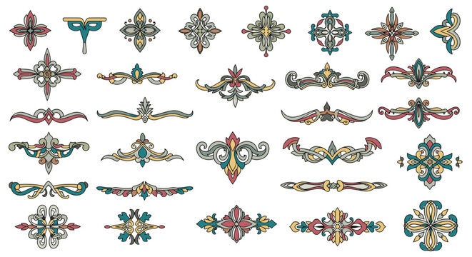 Vintage ornamental dividers and decorative floral vignettes set for elegant graphic design headers and wedding invitation borders.