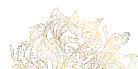 Obraz premium Luxury gold leaf pattern with elegant line floral elements background. Botanical vector illustration, Japanese ornament, Art Deco and Nouveau motif, spa branding, tea packaging, wedding.