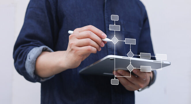 close up manager executive man write on virtual workflow to create solution and decide about solving problem with logic strategy for improve and analyse business concept