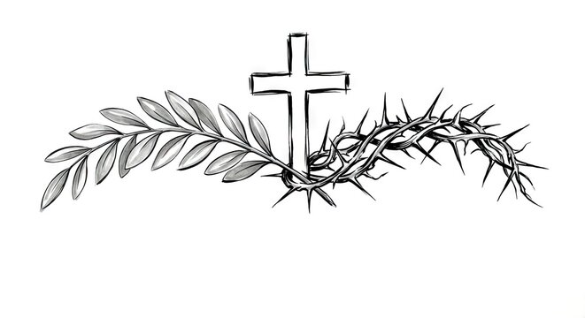 A simple black and white drawing of a Christian cross with palm leaves and a crown of thorns