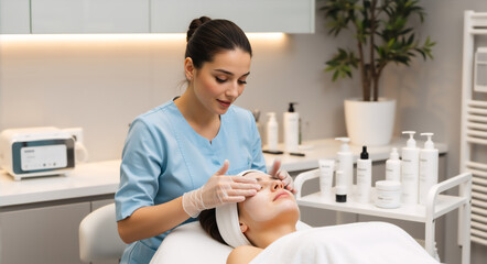 Fototapeta premium Esthetician applying a facial mask to a client in a beauty spa. Professional skincare treatment in a cosmetology clinic