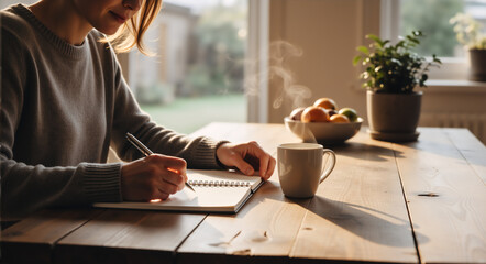 Woman writing in a journal at a wooden table with a cup of hot coffee. Female student or author taking notes in a notebook during a morning routine
