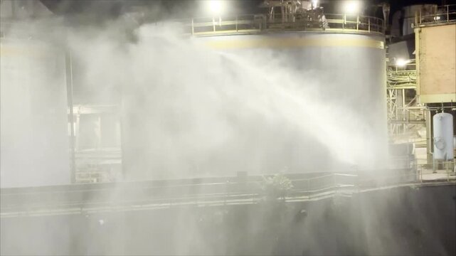Powerful water jet spraying from industrial fire monitor onto large storage tanks at chemical terminal during night shift ensuring safety emergency preparedness and hazard prevention