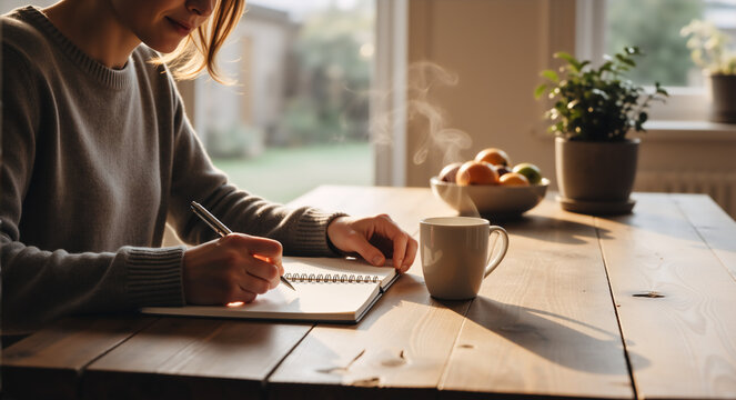 Woman writing in a journal at a wooden table with a cup of hot coffee. Female student or author taking notes in a notebook during a morning routine