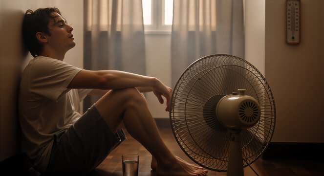 Young man suffering from a summer heatwave at home. Exhausted person sweating and cooling down with an electric fan during hot weather