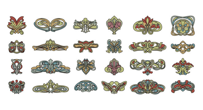 Art Nouveau Decorative Ornament Set with Vintage Floral Motifs and Secession Emblems for Classic Graphic Design Layouts