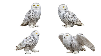 Fototapeta premium Four magnificent snowy owls displaying diverse natural behaviors.
