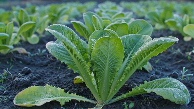 Close-up of romaine lettuce in field, healthy food, organic farm, fresh vegetables growing in garden, agriculture concept, rows of plants.