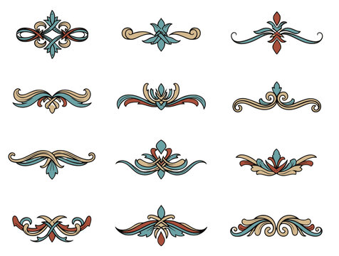 Elegant vintage ornamental dividers and filigree border set for book decoration and menu design