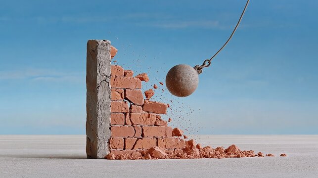 Demolition of a brick wall with a wrecking ball, debris scattering in the air against a clear blue sky and flat surface below