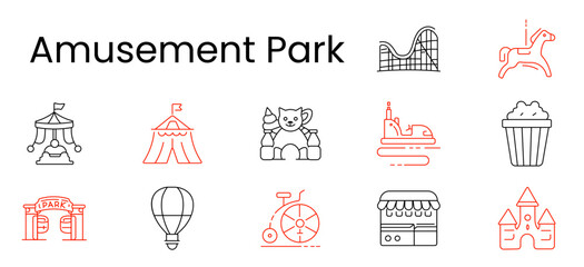 Fototapeta premium Amusement park set icon. Rollercoaster, horse, tent, kitty toy, bumpercar, popcorn, gate, balloon, bicycle, kiosk, castle, fairground, family, weekend, fun, attraction