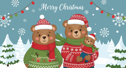 Cute bear family celebrating Christmas in snowy forest with festive lights © Saiful