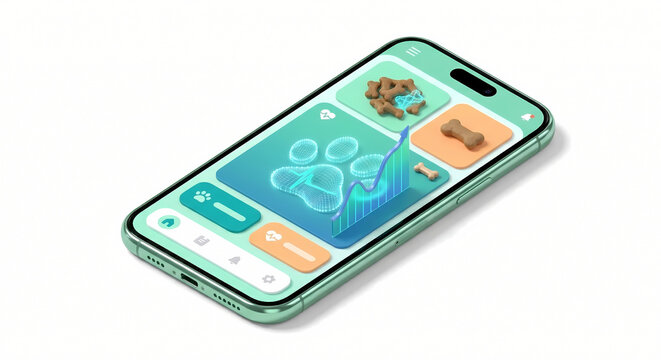 3D Isometric Bio Pet-Care and Smart Veterinary Icon Set, Health Monitoring app, Matte Ceramic Style, Isolated on White Background