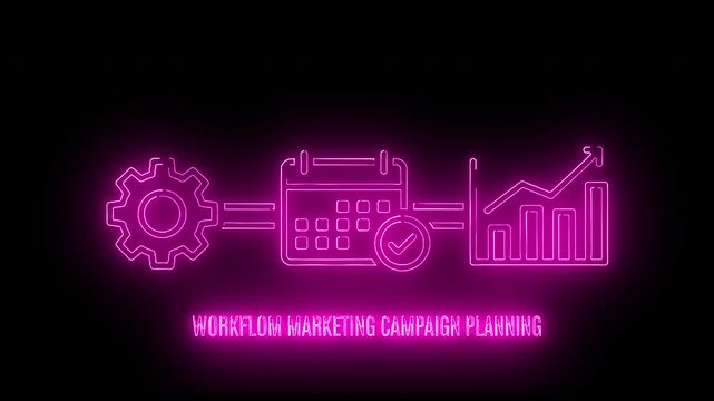 Neon-lit illustration of workflow marketing campaign planning with gear, calendar, and bar graph icons on a black background.