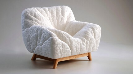 Fototapeta premium Modern white upholstered armchair with quilted texture and wooden legs, designed for contemporary living spaces, showcasing minimalist aesthetic and comfort