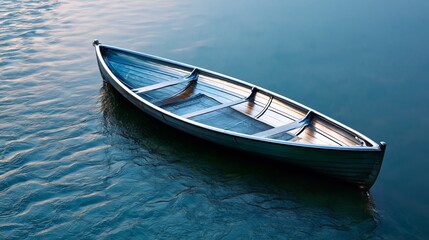 Fototapeta premium Wooden rowboat floating on calm water surface, reflecting soft light, surrounded by tranquil blue hues and gentle ripples in the water