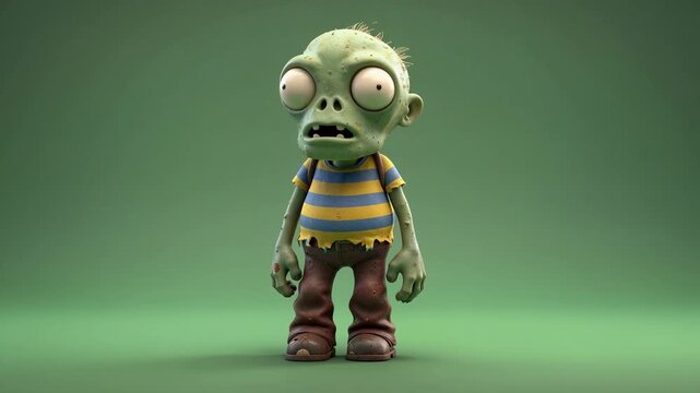 Cartoon Zombie Kid Standing Still Against Green Screen Background with Wide Shot and Realistic 3d Render Style for Game or Animation Concept