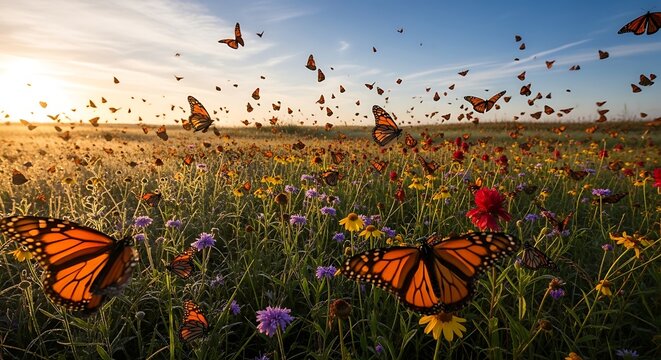 Monarch butterflies migrating across open meadow