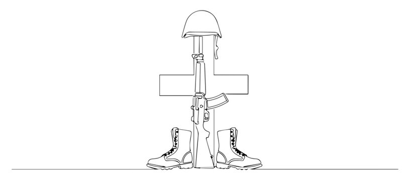 Battlefield cross with rifle helmet and boots. Continuous line art illustration of fallen soldier memorial. Victory day symbol