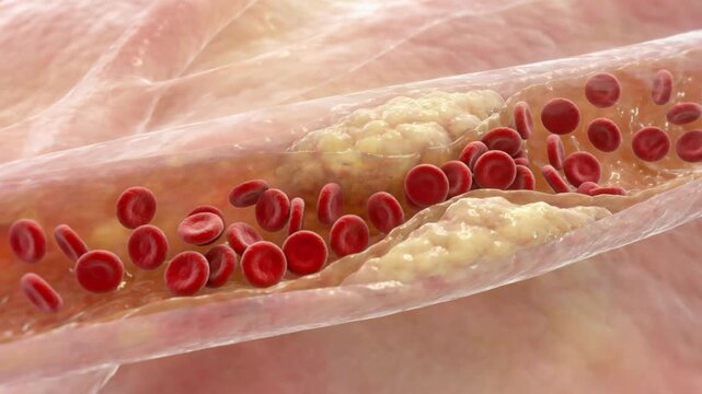 3D medical animation of atherosclerosis showing cholesterol plaque buildup in human artery.