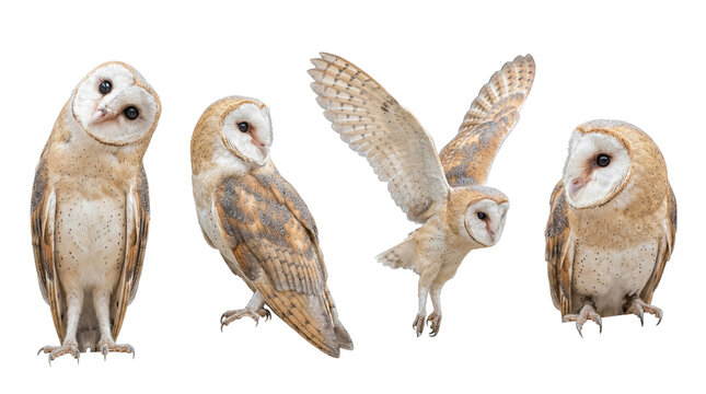 Collection of barn owls displaying various natural behaviors, including a curious head tilt and flight.