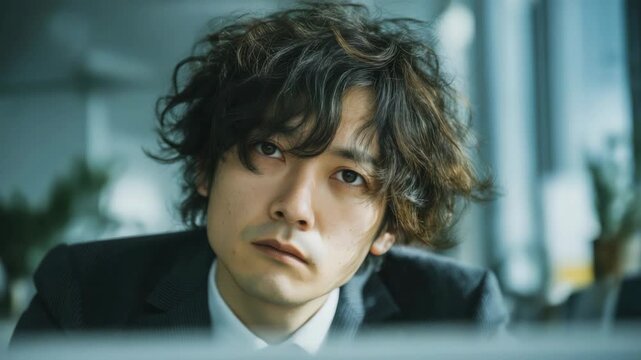 Tired Japanese businessman sitting at an office desk, appearing sleepy and exhausted from overwork, symbolizing corporate stress, long hours, and modern workplace fatigue.