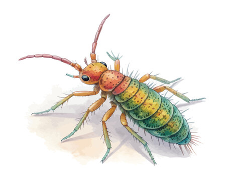Watercolor Springtail, Tiny Jumping Insect Art, vector illustration isolated on white background