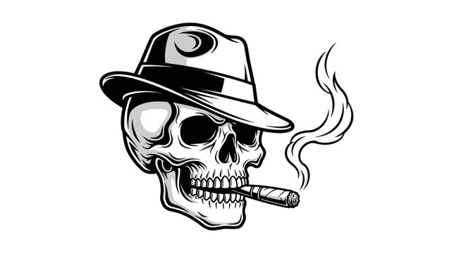 Skull Wearing Fedora Hat Smoking Cigar