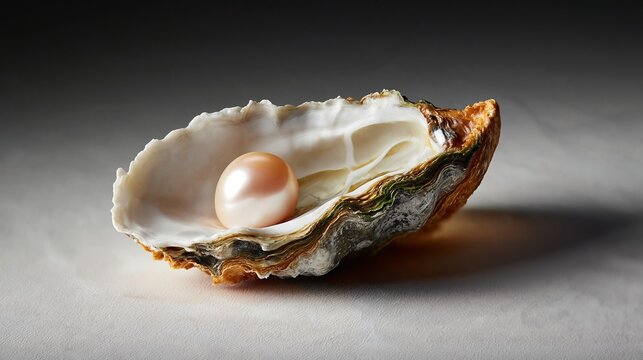 Open oyster shell with a lustrous pink pearl nestled inside, showcasing intricate textures and colors against a soft, neutral background