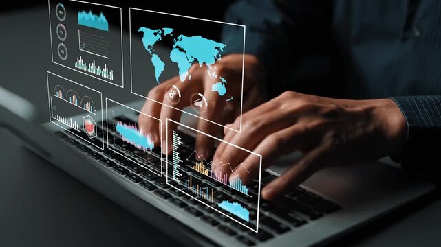 Business Professional Analyzing Data with Charts and Graphs on Laptop Computer in Modern Office Environment with Global Map Visualization Gluon.
