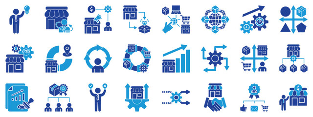 Obraz premium Business management icon set. Duotone icon including strategy, corporate, marketing, growth, operations, process, workflow, analytics, planning, leadership, innovation, startup, finance, efficiency