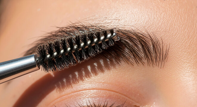 Macro shot of eyebrow being groomed with a spoolie brush. Fresh spring and summer beauty. Seasonal makeup concept