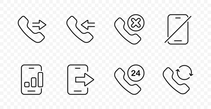 Call service set icon. Incoming call, outgoing line, blocked contact, phone disabled, statistics report, exit action, support hotline, callback service