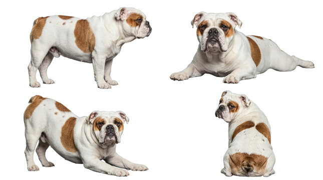 Adorable white and brown bulldog in various charming poses, portraying loyalty on a transparent background.