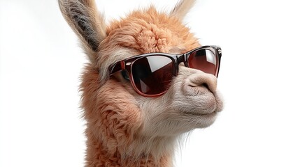 Fototapeta premium Llama wearing stylish sunglasses poses against a plain white background, showcasing its unique features and playful expression in a close-up portrait