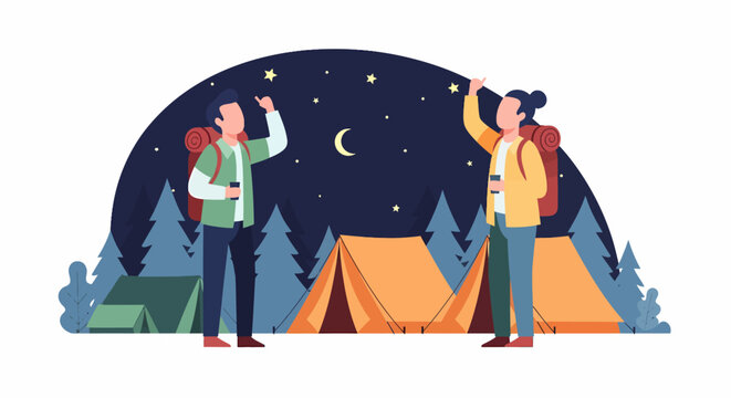 Two people stargazing at night in a campsite with tents and trees.