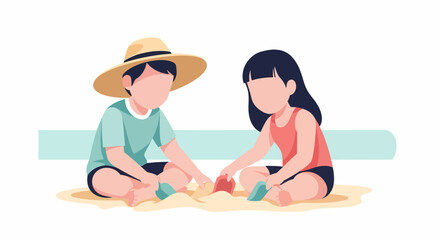 Obraz premium Two young children playing together in the sand at the beach.