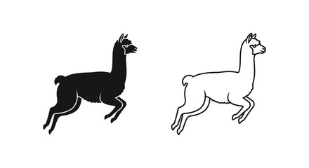 Fototapeta premium Minimalist llama silhouette and outline vector set, jumping alpaca animal icons, black and white farm livestock graphics for logo design