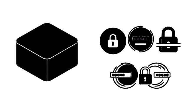 Vector illustration of set of security icons with a 3d cube, padlocks, and password input fields on a transparent background