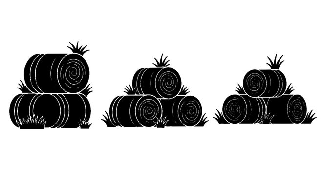 Vector illustration of set of hay bales, round agricultural straw rolls, farm harvest icons on a transparent background
