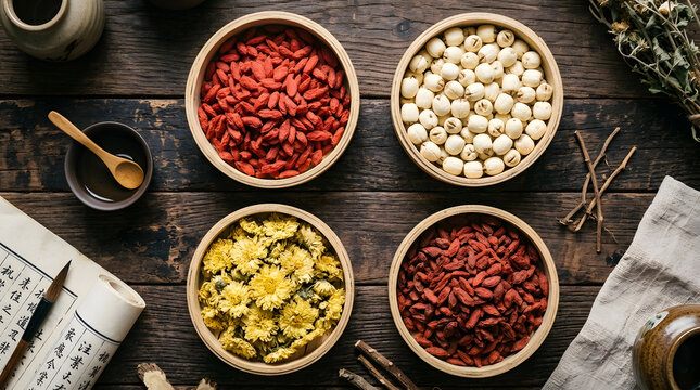 Herbal Remedies Preparation Four Bowls Dried Ingredients Wooden Table Top View Healthcare Wellness Traditional Medicine Ingredients