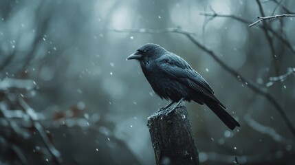 Naklejka premium Dark crow perched on a log in a snowy forest