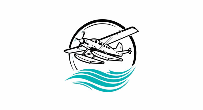 A graphic illustration of a seaplane with waves and a circular frame