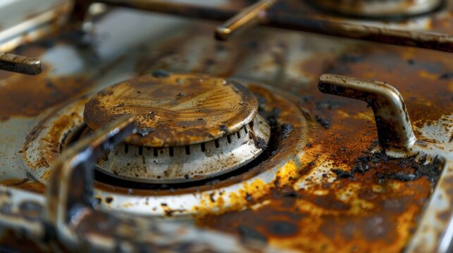 Close-up of a dirty, rusty gas stove with grime and stains on the surface. The knobs are worn and the metal shows signs of age and neglect.