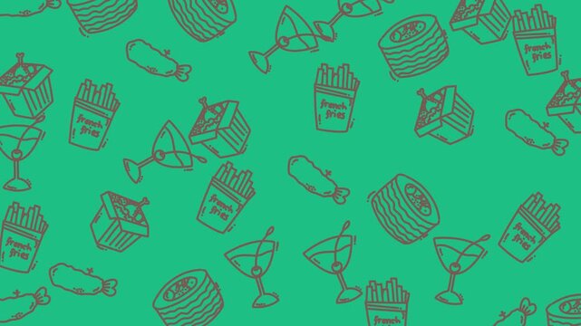 Dynamic teal beverage pattern video frames showing icons of drinks.