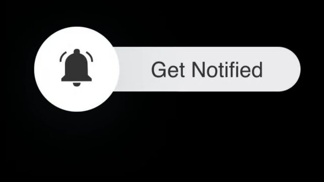 A notification bell icon with a get notified button on a black background in a video